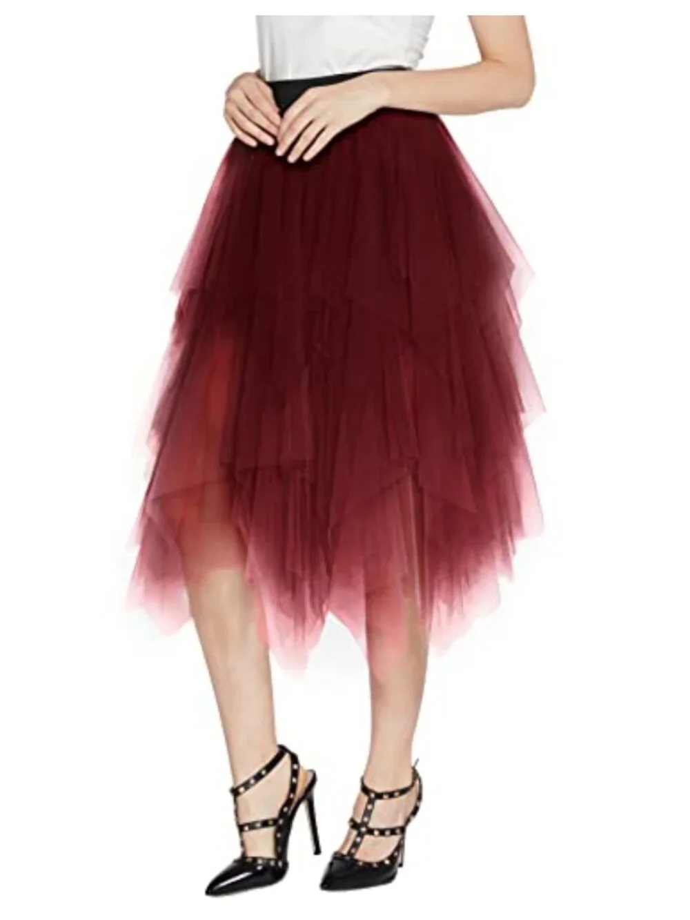 Fluffy Layered Tulle A-Line Midi Skirt with Elastic Waist